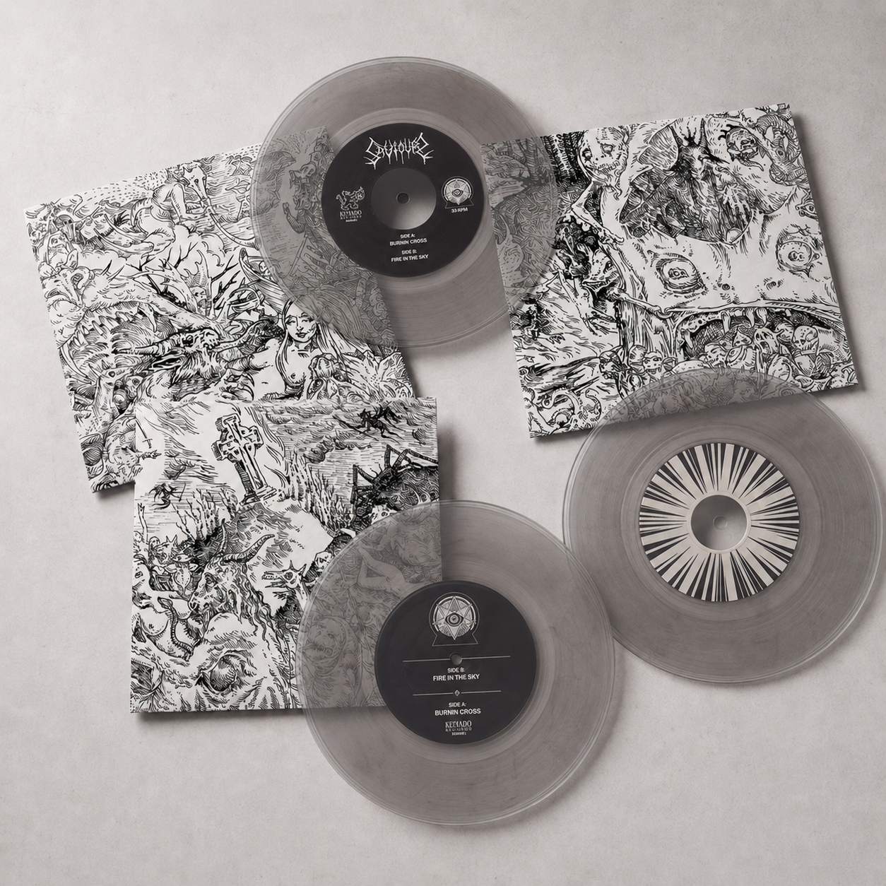 Three Saviours seven-inch vinyl singles arranged with illustrated sleeves.