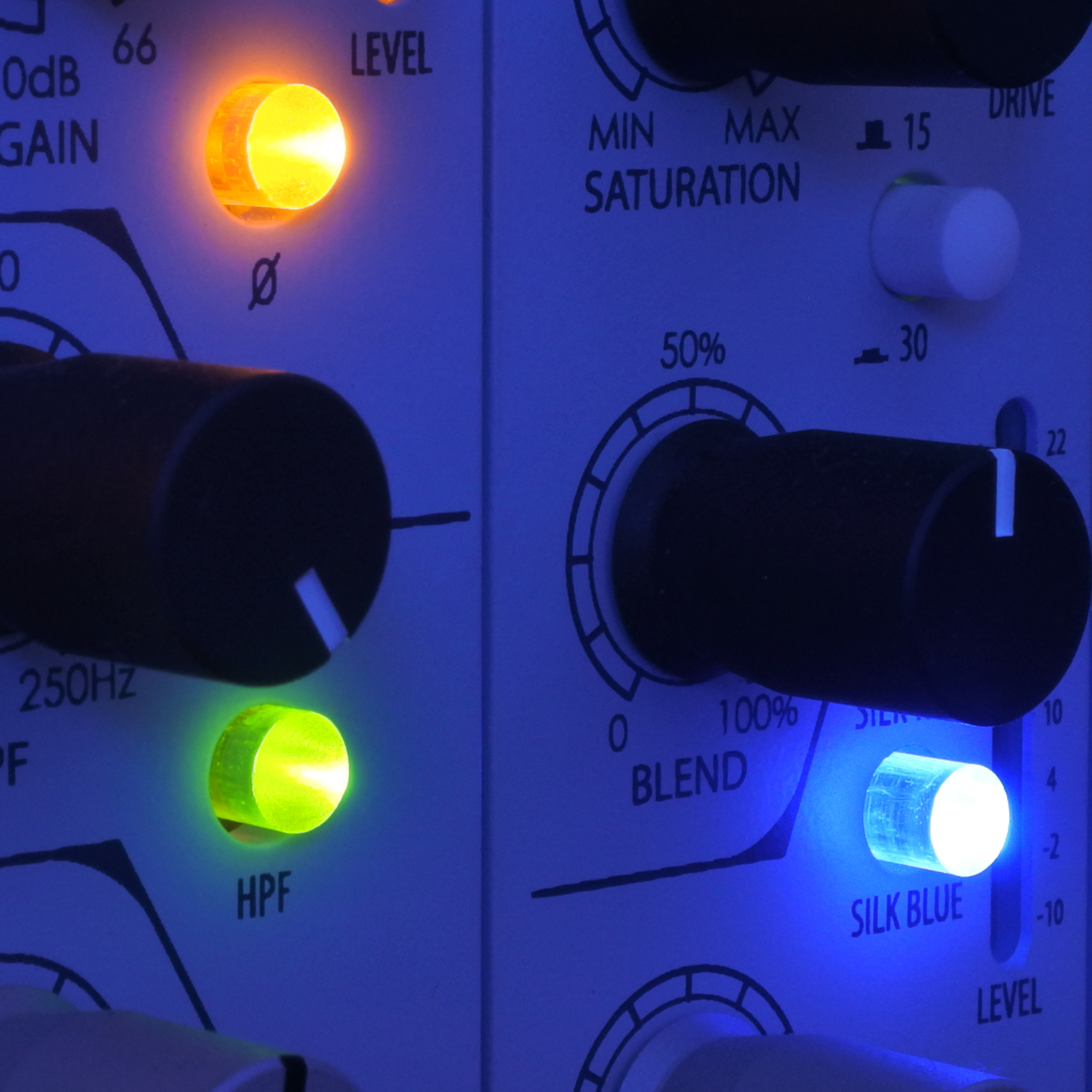 Close up of the controls on the Rubert Neve Designs 511 + 542 500 series modules