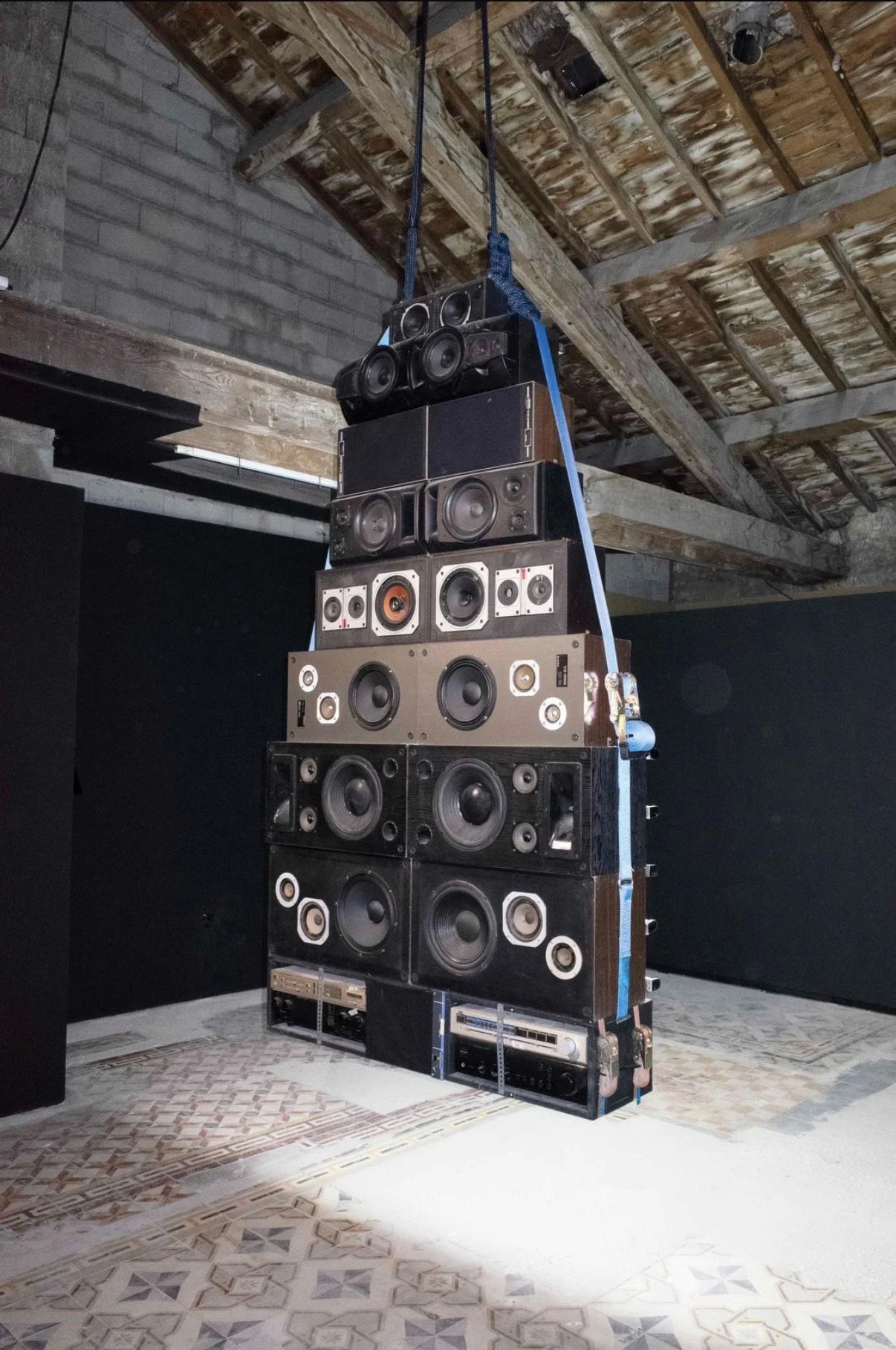 Large rotating speaker stack installation for Reeve Schumacher's Sonic Braille project.
