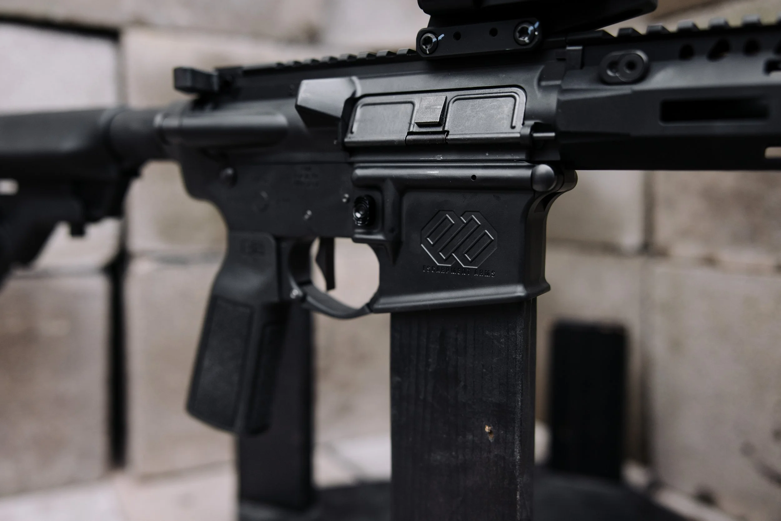 Seven black rifles with scopes mounted, hanging on a wooden wall on a rack.