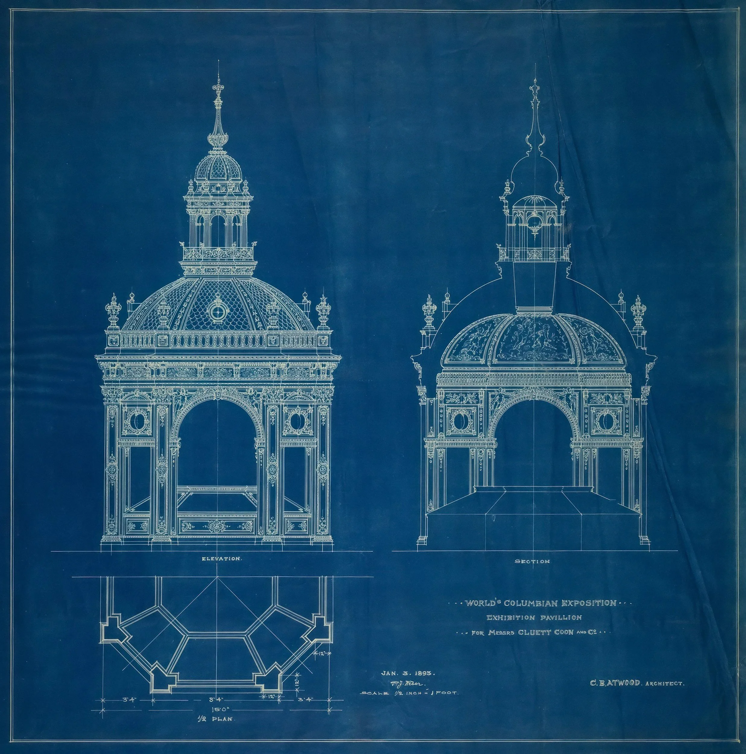 Blueprint of the exhibition pavilion for the World's Columbian Exposition, designed for Messrs Cluett Co., showing the elevation and section views of the pavilion with architectural details, dated January 8, 1893.