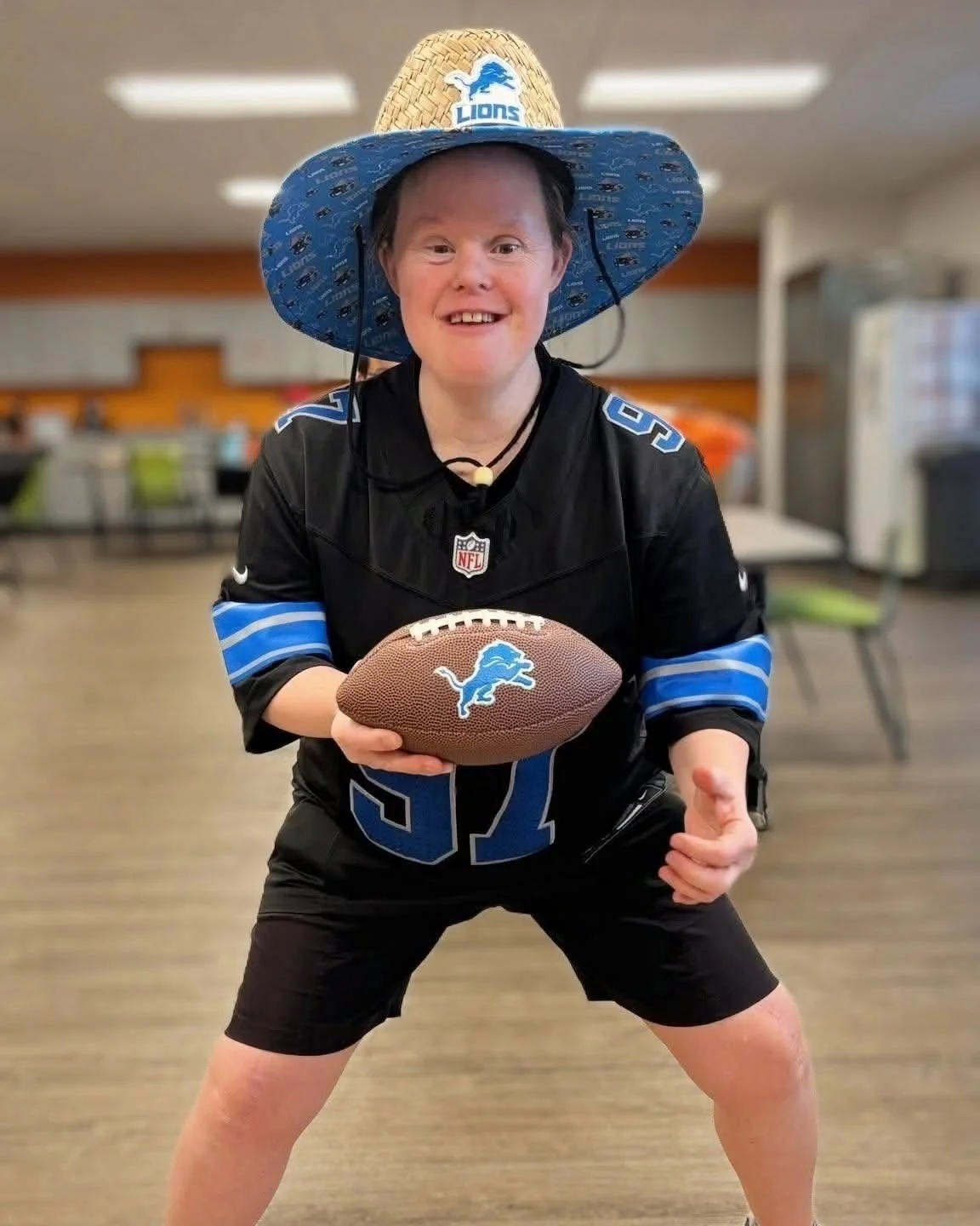 🦁 All eyes on Jen &mdash; and her Detroit Lions  hype! 🏈💙 #DownSyndromeAwarenessMonth #GameDayVibes #OnePride