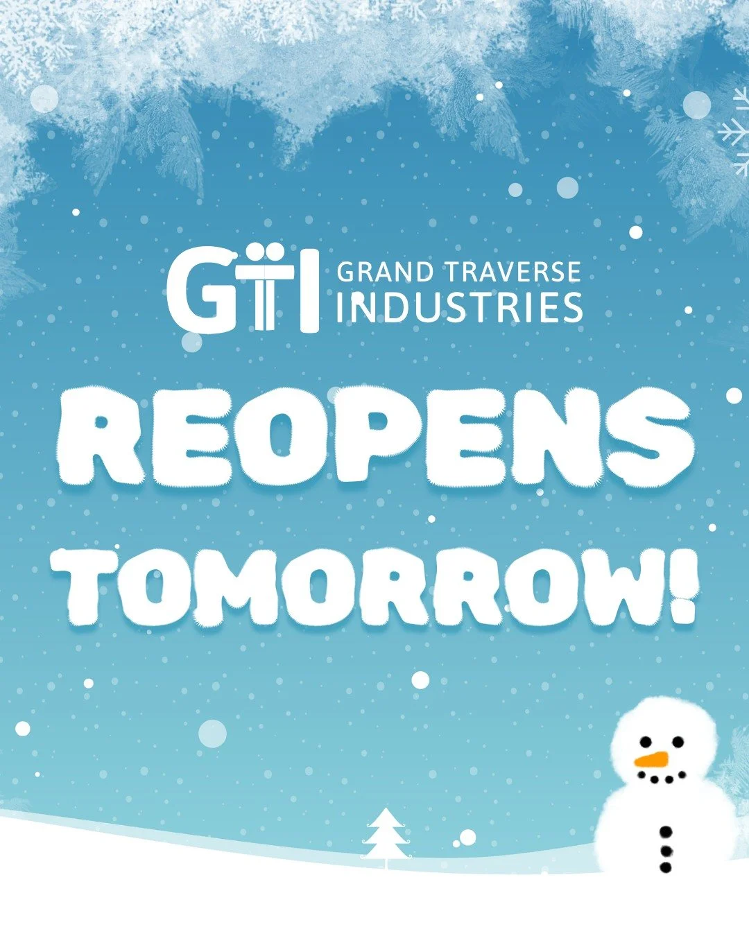 We&rsquo;re excited to share that Grand Traverse Industries will reopen tomorrow, Wednesday (3/18/26)!

Please note that BATA Transit Official will be running about 2 hours behind schedule for pick-ups and will do their best to reach as many individu