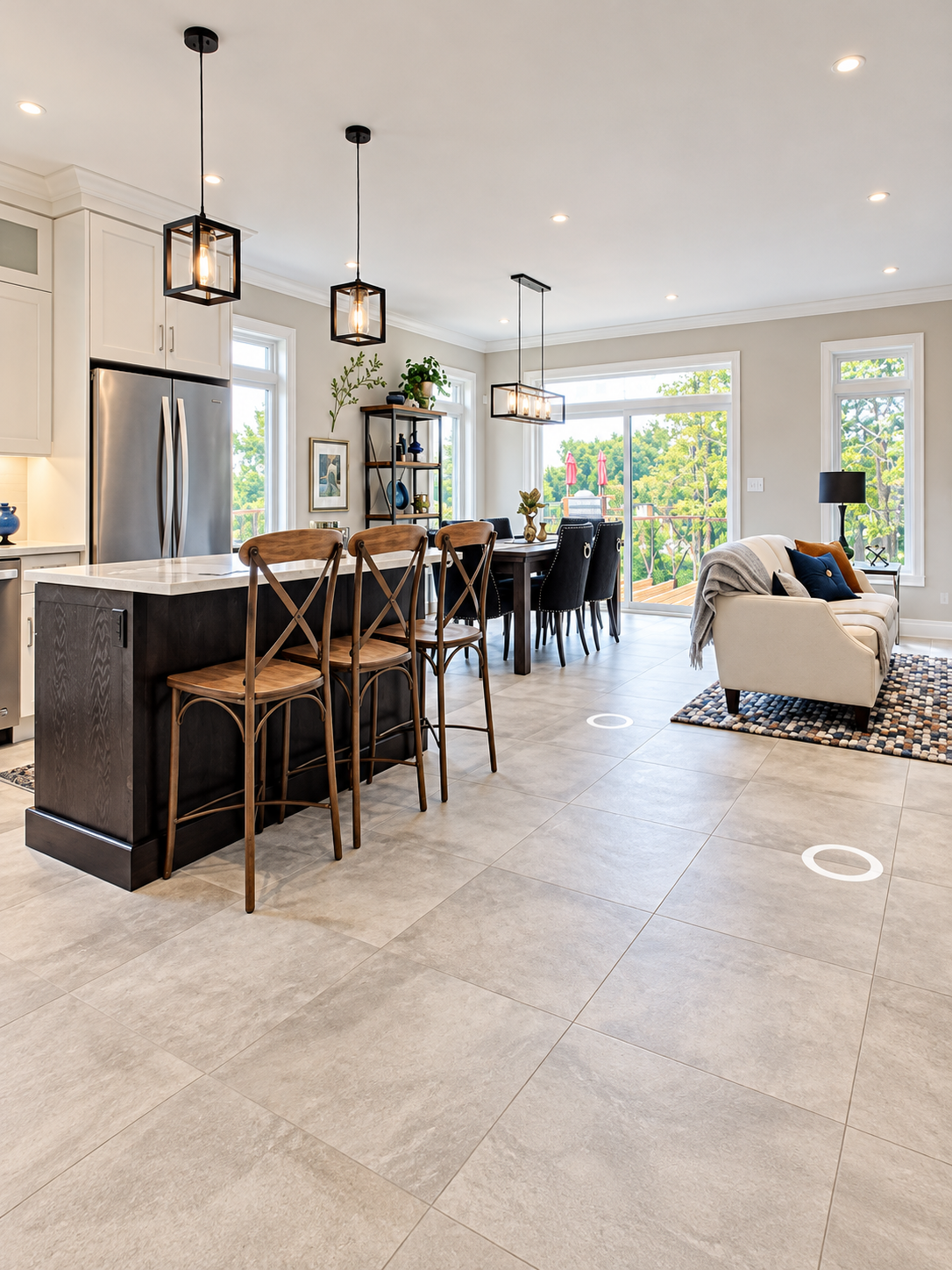 Modern open-concept living space featuring a kitchen with a dark island, four wooden barstools, white cabinetry, and a stainless steel refrigerator. Adjacent to the kitchen is a dining area with a dark table, dark chairs, and pendant lighting. The background shows a sitting area with a beige sofa, black chairs, a patterned rug, and a sliding glass door leading to a balcony with outdoor furniture and green trees outside.