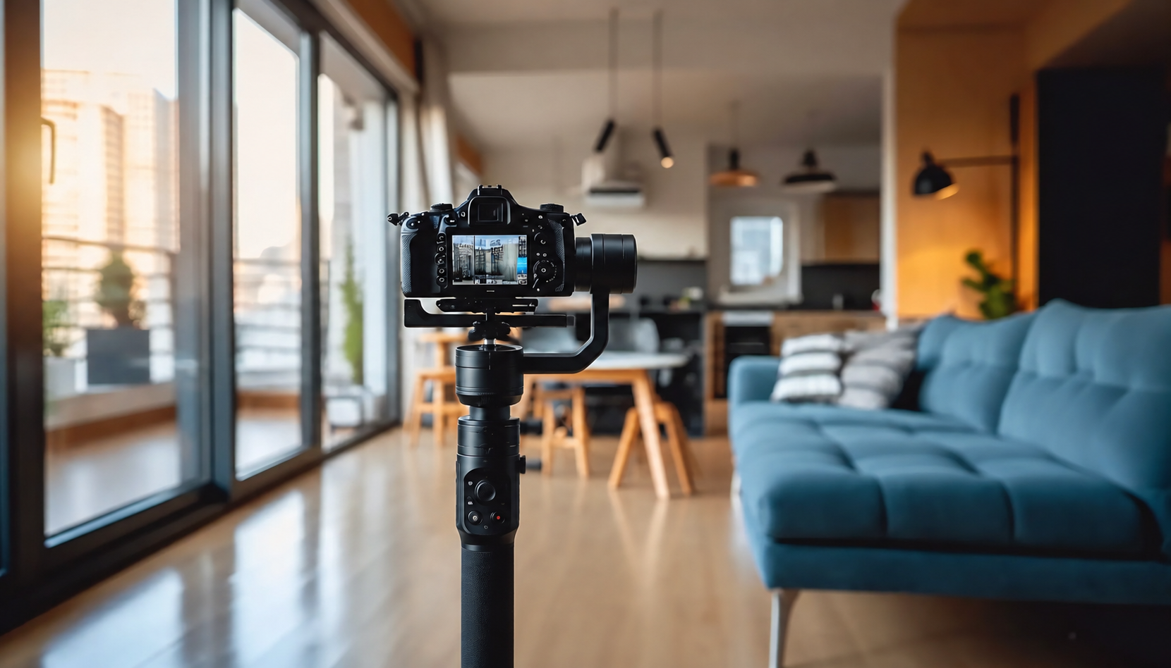 A camera mounted on a stabilizer in a modern living room with large windows, a blue sofa, a wooden dining table, and an open kitchen.