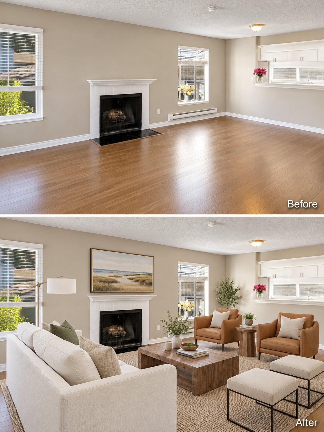 Living room before renovation with empty space, fireplace, beige walls, and hardwood floor; after renovation with furniture, artwork above the fireplace, and decorative accessories.