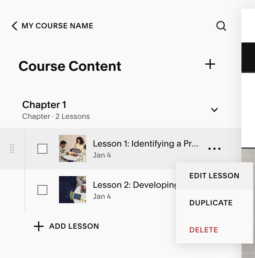 screenshot of Squarespace course dashboard, showing how to edit lesson