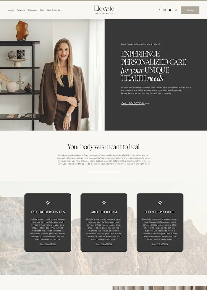 image of the elevate squarespace template for functional medicine doctors