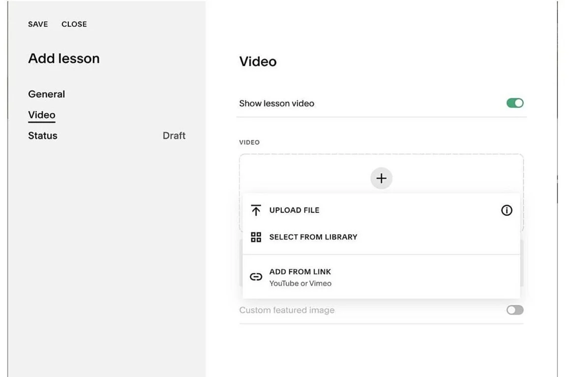 screenshot of Squarespace course dashboard, showing how to add and edit a video