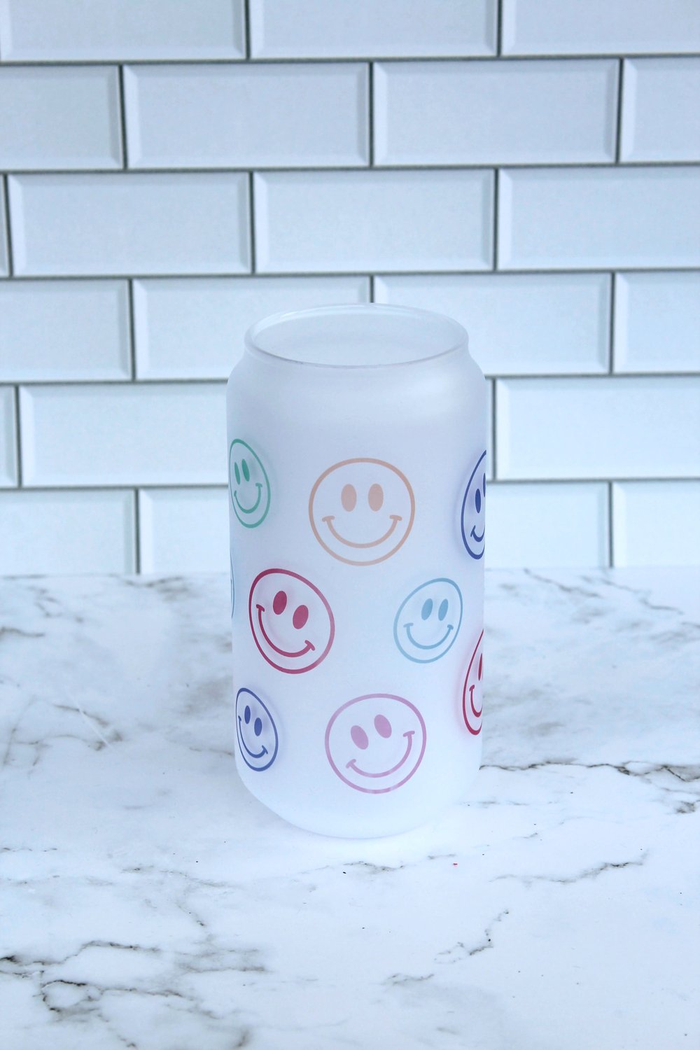 Melted Smiley Face Iced Coffee Glass Cup, Soda Can Glasses 16Oz