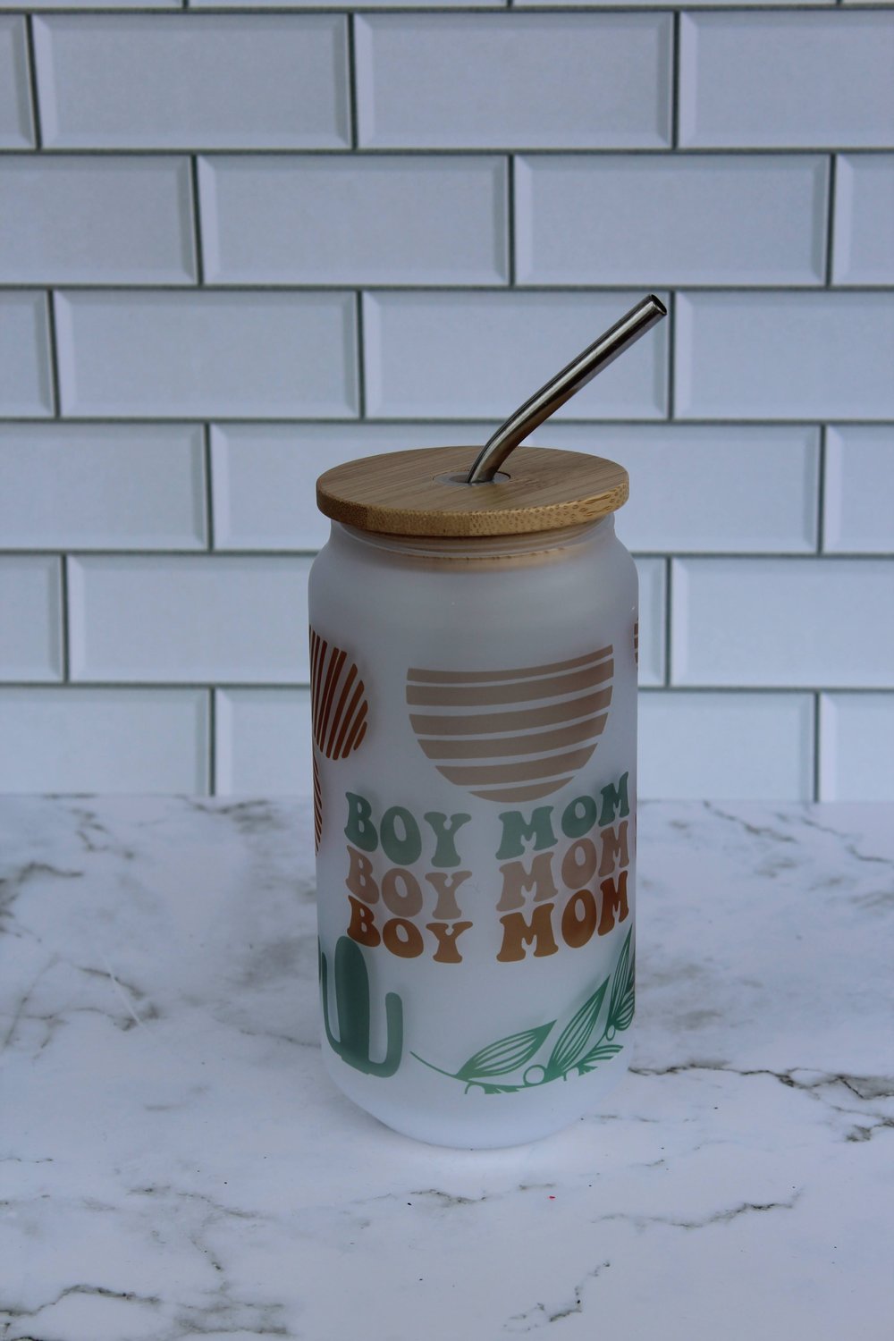 MAMA BEAR sublimated iced coffee design in frosted Glass cup