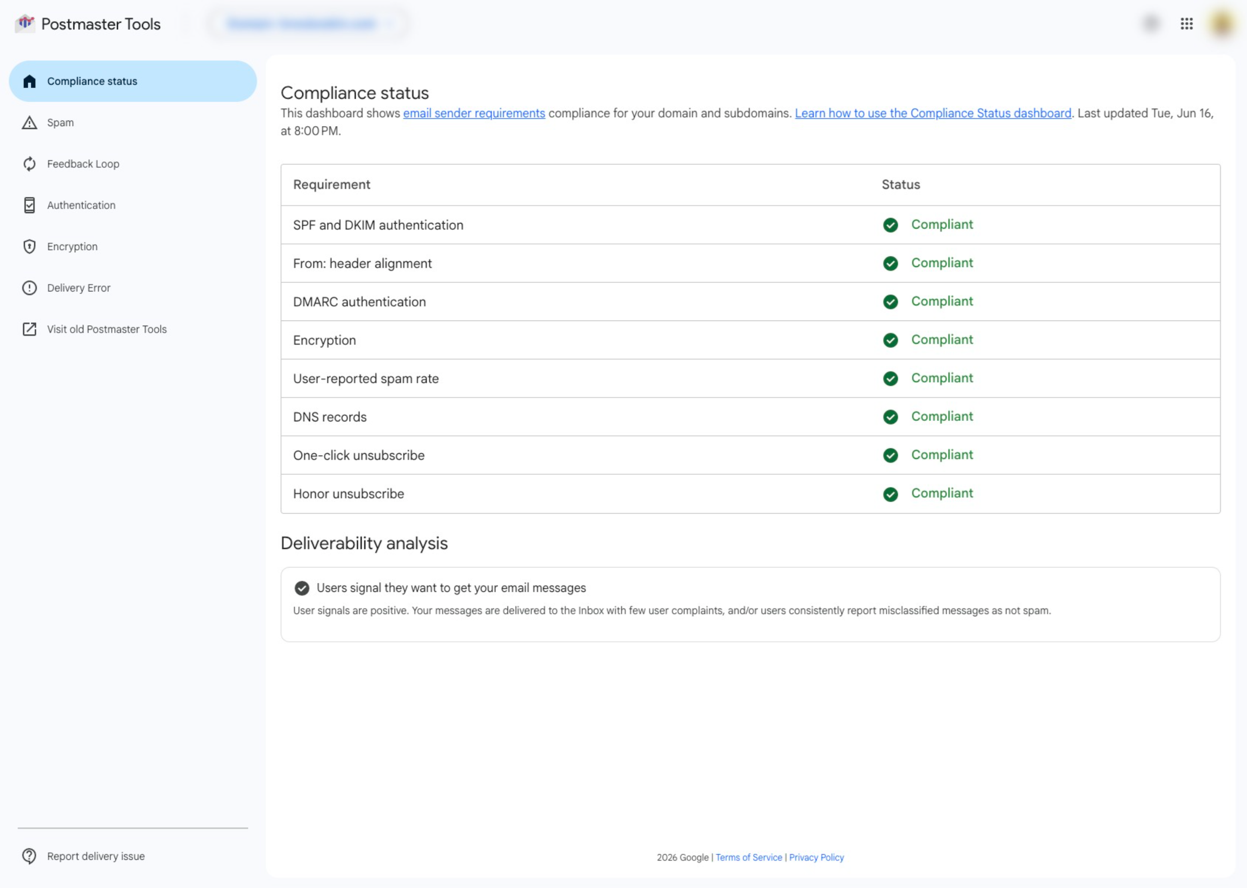 Google Postmaster Tools home screen with a verified sending domain.