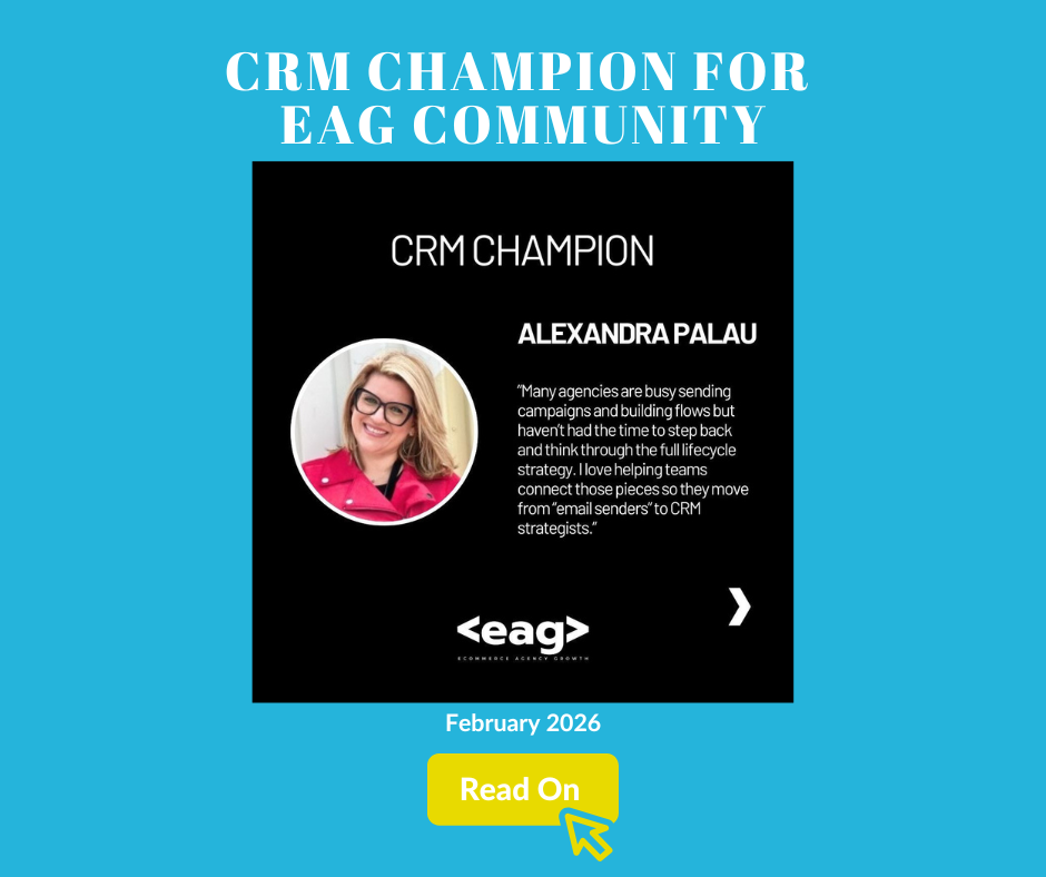 A digital badge or certificate titled 'CRM Champion for EAG Community' awarded to Alexandra Palau for February 2026 by EAG, featuring her portrait, a quote about her work, and a yellow 'Read On' button.