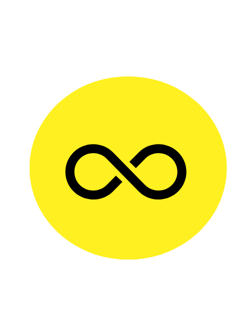 Black infinity loop symbol on a yellow background.