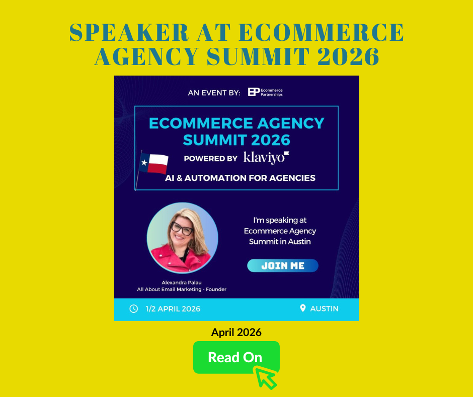 Flyer for the Ecommerce Agency Summit 2026, featuring a speaker named Alexandra Palau speaking at the event in Austin on April 1-2, 2026. The flyer highlights AI and automation for agencies, with branding and logos of sponsors.