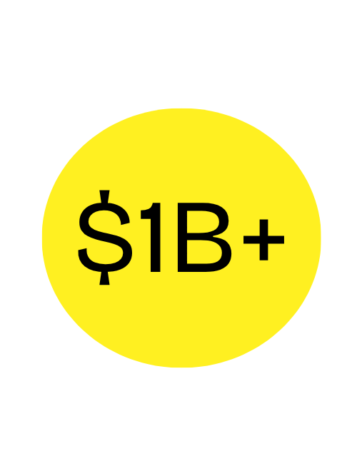 Yellow circle with black text "$1B+"