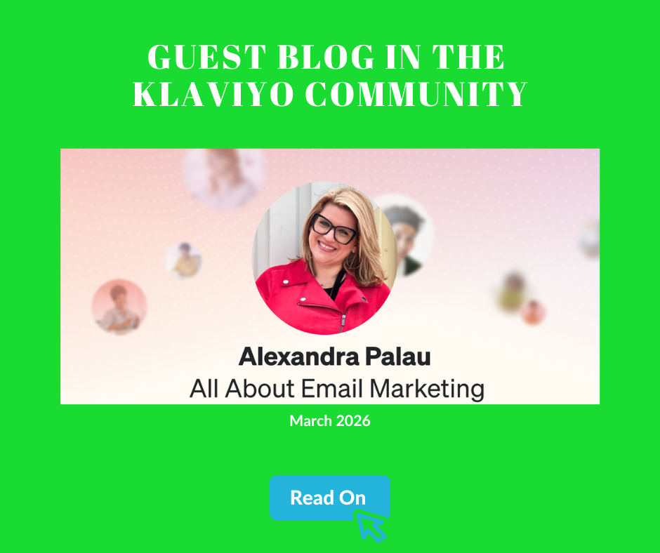 A promotional digital graphic for a guest blog post by Alexandra Palau titled 'All About Email Marketing,' published in March 2026, featuring a photo of Alexandra Palau, a woman with glasses and blonde hair, wearing a red jacket, against a green background with a blue 'Read On' button.