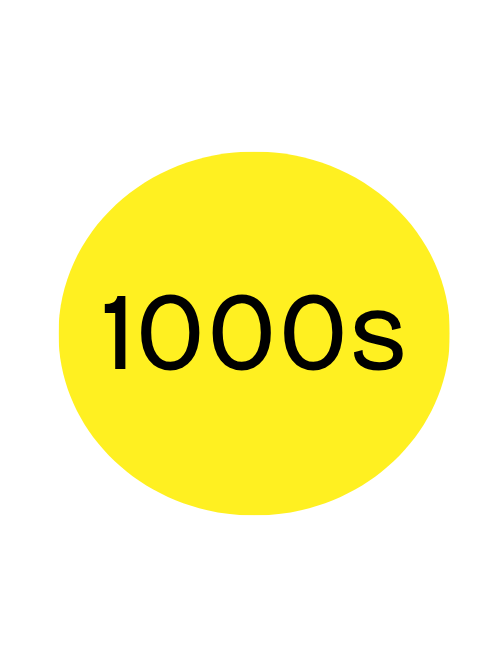 Yellow oval with black text "1000s"