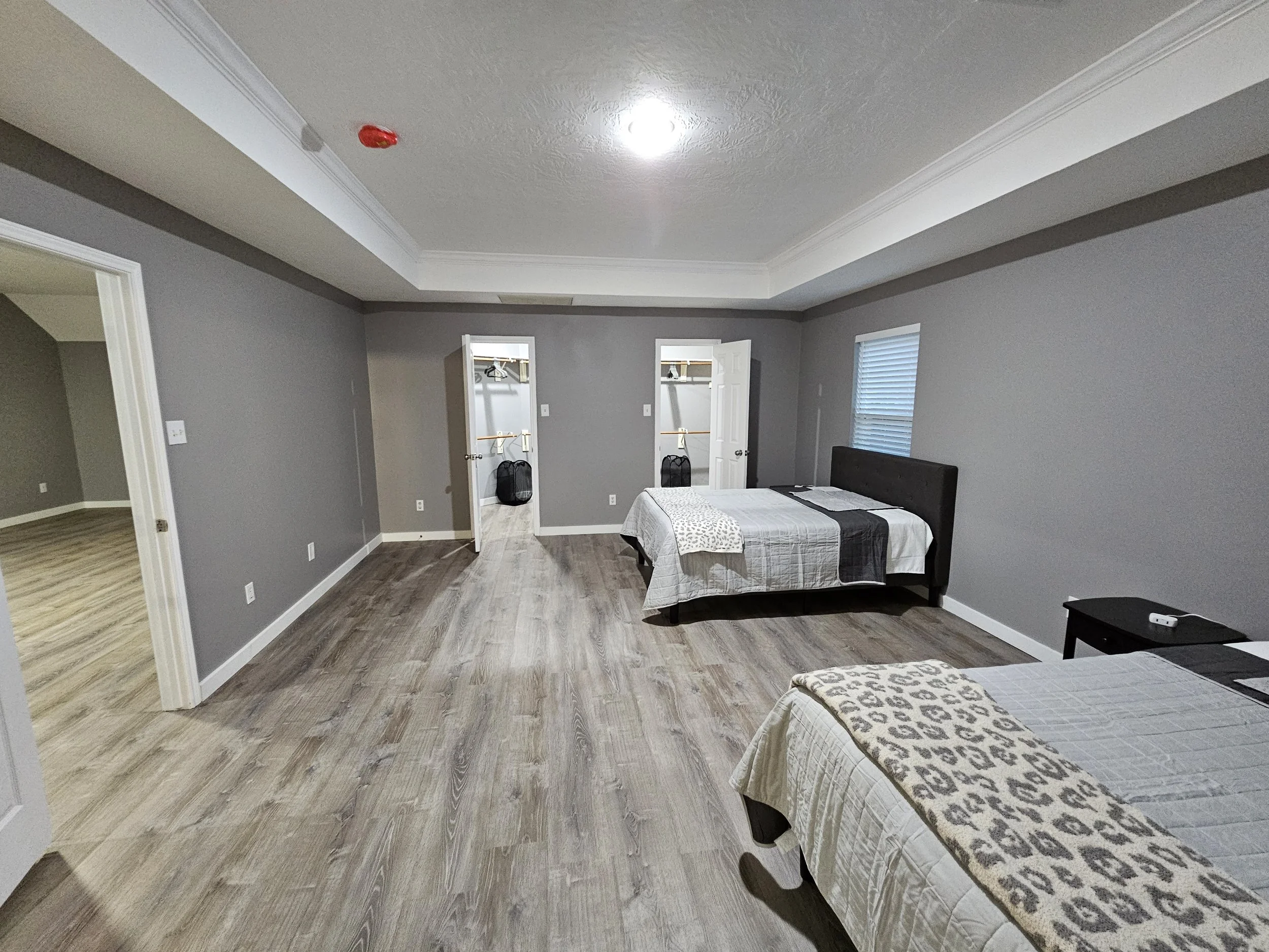 Spacious bedroom with two beds, one with animal print blanket, dark headboards, gray walls, wood floors, window with blinds, walk-in closet with open doors, and a ceiling light.
