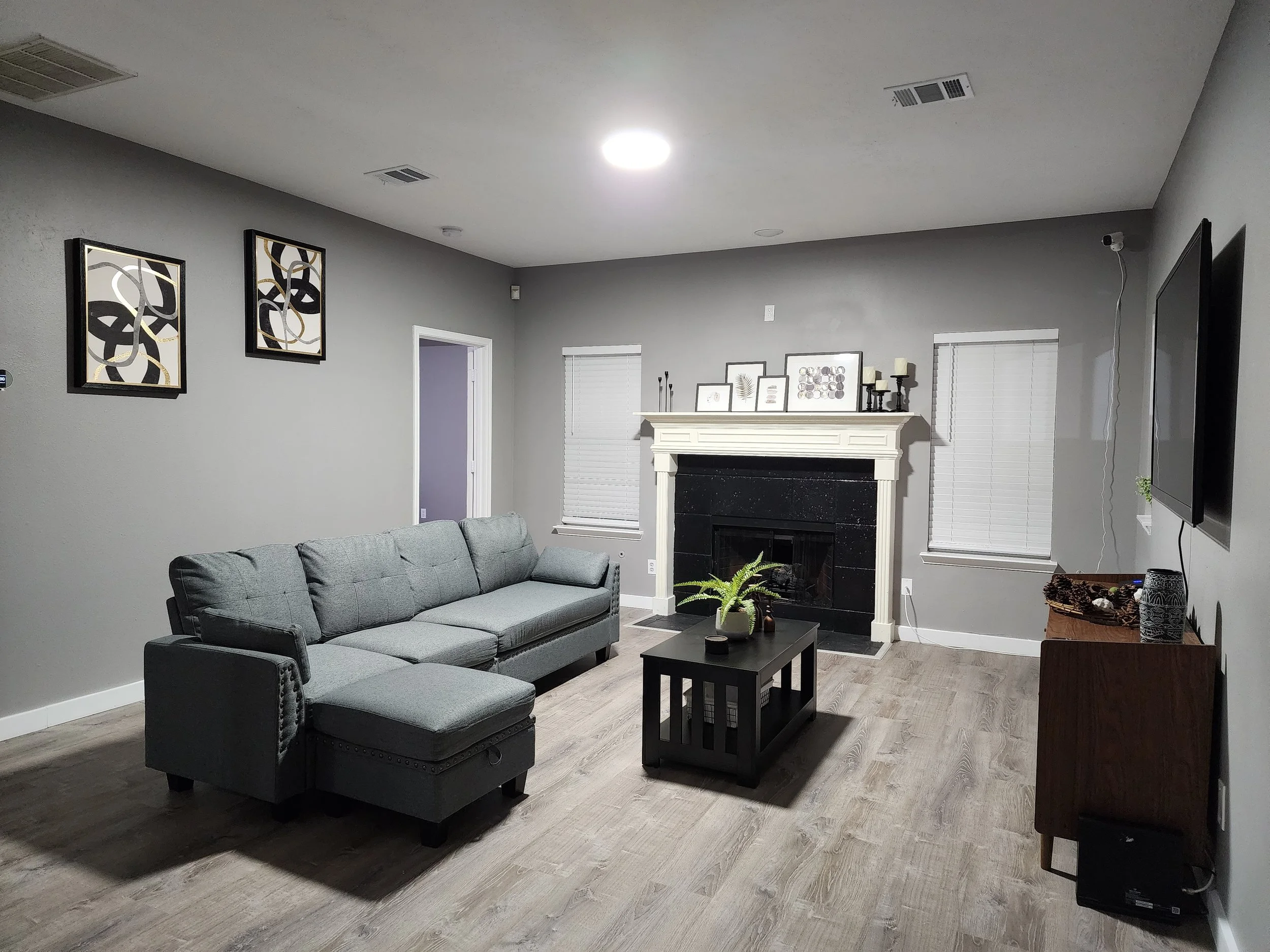 A modern living room with a gray sectional sofa, a black coffee table with a plant, a fireplace with framed art on the mantel, and a mounted flat-screen TV on a wall, with light wood flooring and gray painted walls.