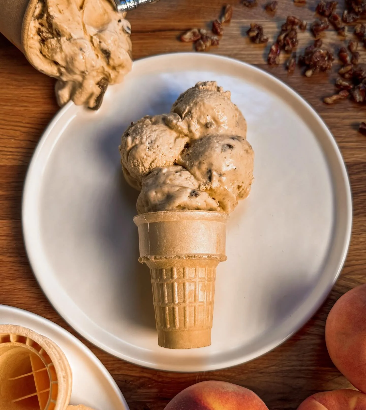 Peachy Keen Ice Cream,
Candied Pecans &amp; Caramel Swirl

Hi friends &amp; happy Thursday! It may not feel like summer today, but that&rsquo;s not stopping glorious peach season from making everything feel just a little more peachy. This simple &amp
