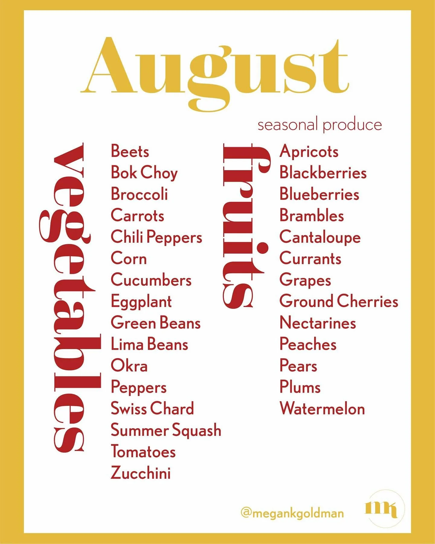 Seasonal Produce, August 

Hi friend! August is truly a month of abundance, bursting with a colorful array of fresh, flavorful produce. It&rsquo;s the perfect time to take advantage of the season&rsquo;s sweetest fruits &amp; crispest veggies. Whethe