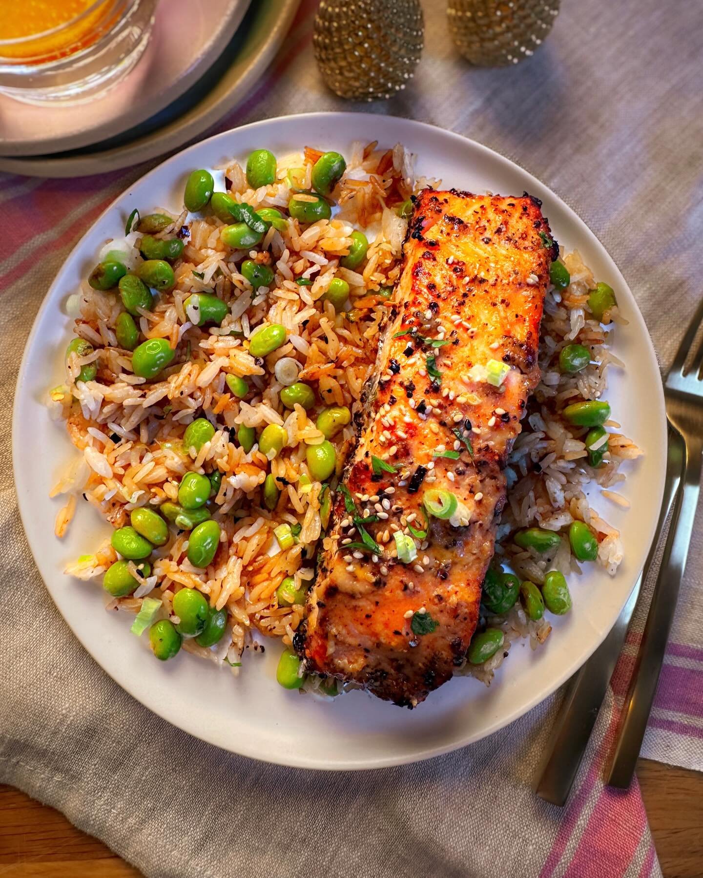 Miso Glazed Salmon, Edamame Rice 

Happy Fishy Friday, friends! I&rsquo;m a salmon devotee. Any way, any day so I&rsquo;m serving this simple &amp; delicious restaurant style miso-glazed salmon. It&rsquo;s a guaranteed show-stopper. Fun fact I proudl