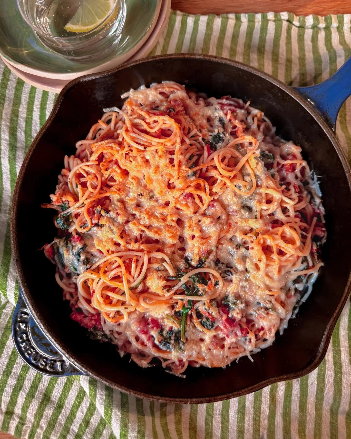Creamy Spicy Tomato Baked Spaghetti, Spinach &amp; Pancetta

It&rsquo;s cold in New York City &mdash; bone-chilling, to be exact &mdash; which makes a warm, cozy baked pasta feel especially perfect. Simple, comforting &amp; deeply satisfying. Chances