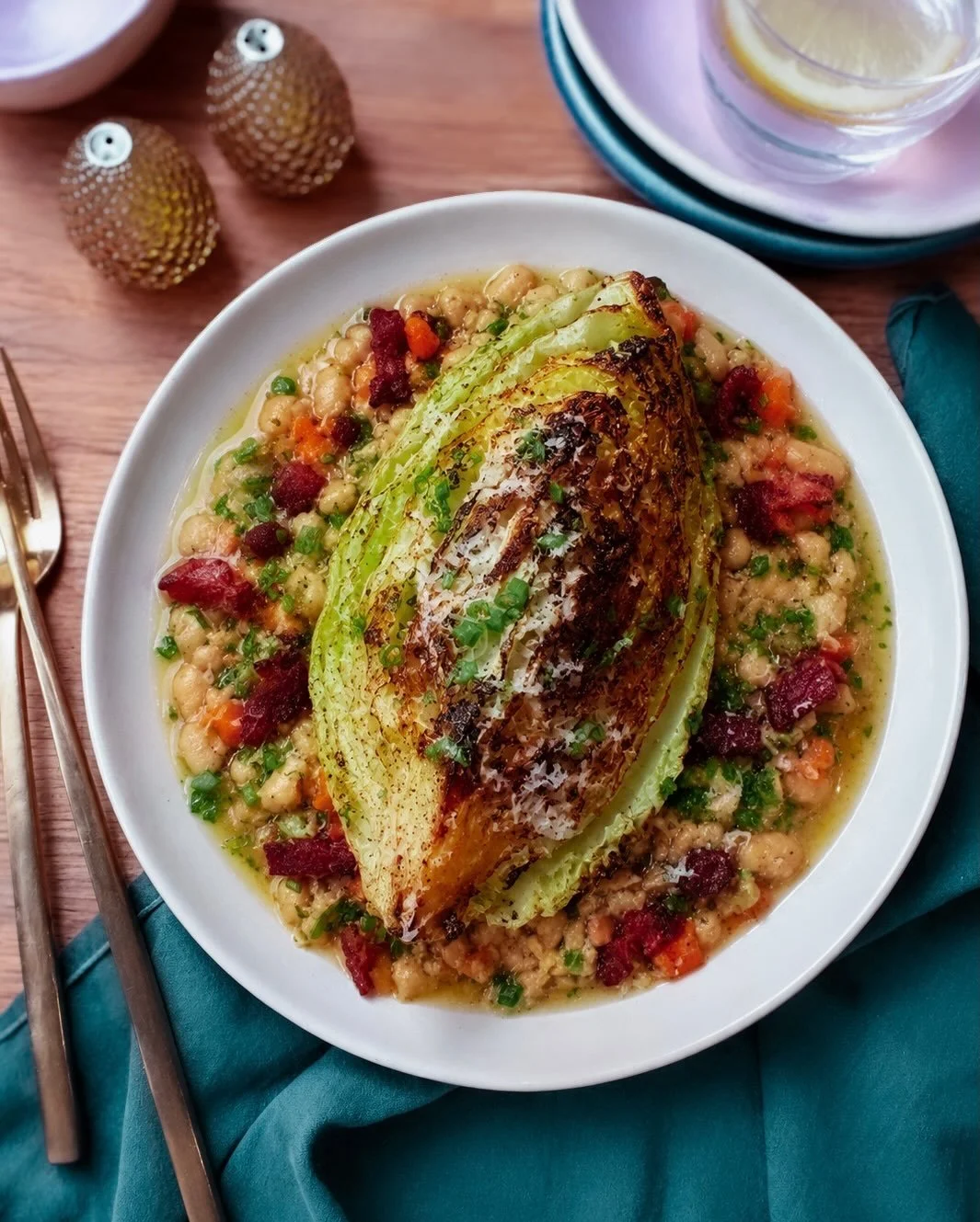 White Bean Carbonara &amp; Cabbage

Hi friends &amp; happy Sunday. Pasta took the night off &amp; I give you this sophisticated, rustic &amp; endlessly comforting dish. White Bean Carbonara swaps pasta for creamy cannellini beans, paired with charred