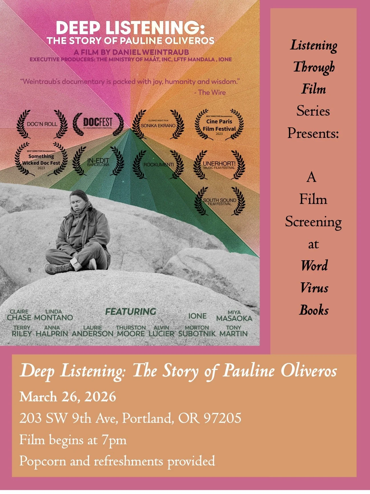 Listening Through Film presents: Deep Listening: The Life of Pauline Oliveros (Daniel Weintraub, 2023)