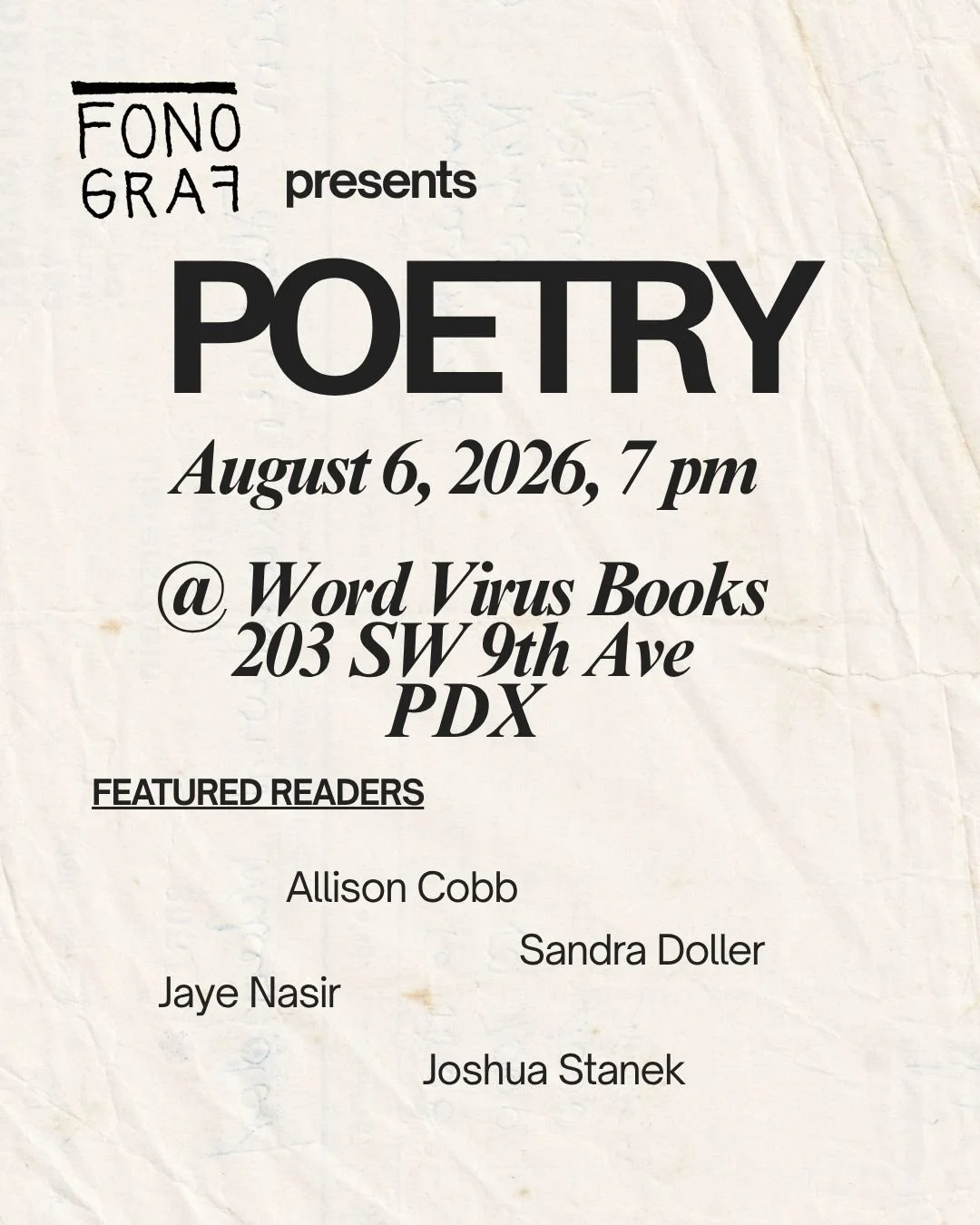 Reading: Allison Cobb, Jaye Nasir, Joshua Stanek, Sandra Doller