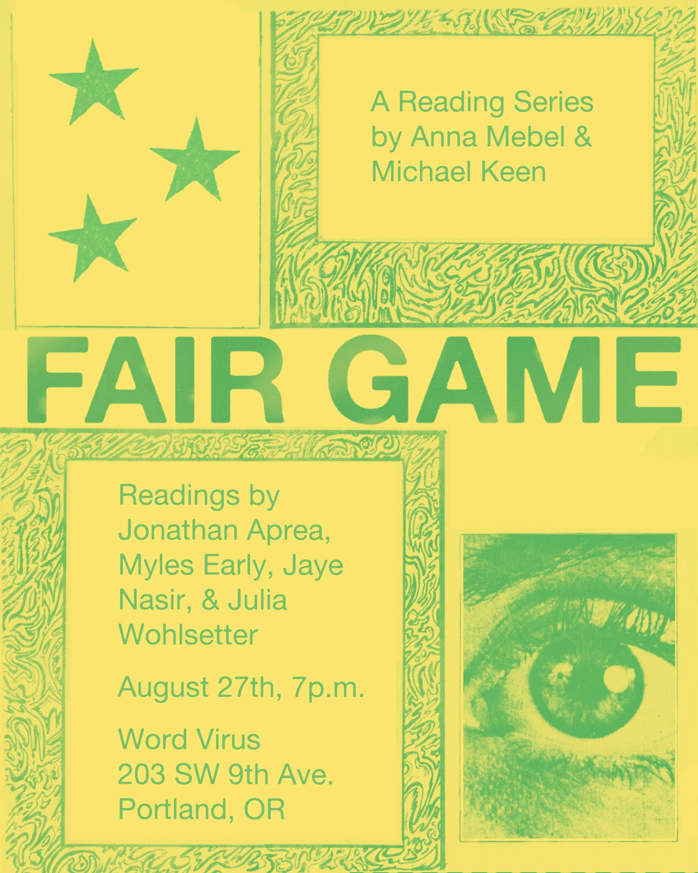 Fair Game Reading Series: Jonathan Aprea, Myles Early, Jaye Nasir, & Julia Wohlsetter