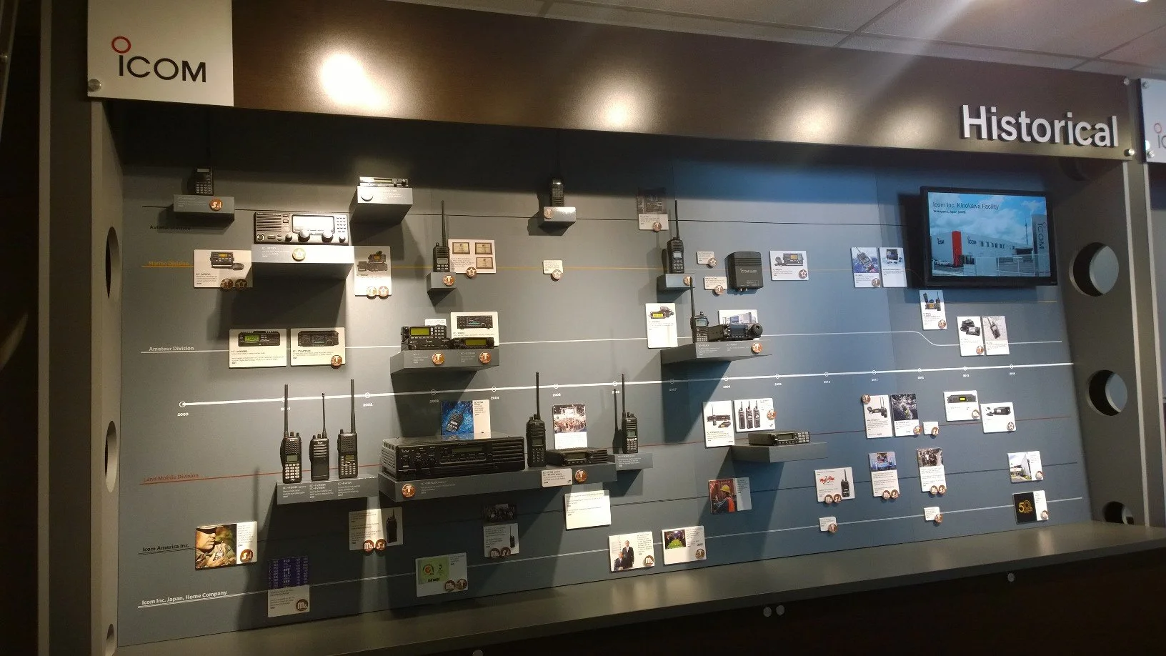 A long wall named "Historical" features a timeline of radios, represented in photos or displayed on shelves.