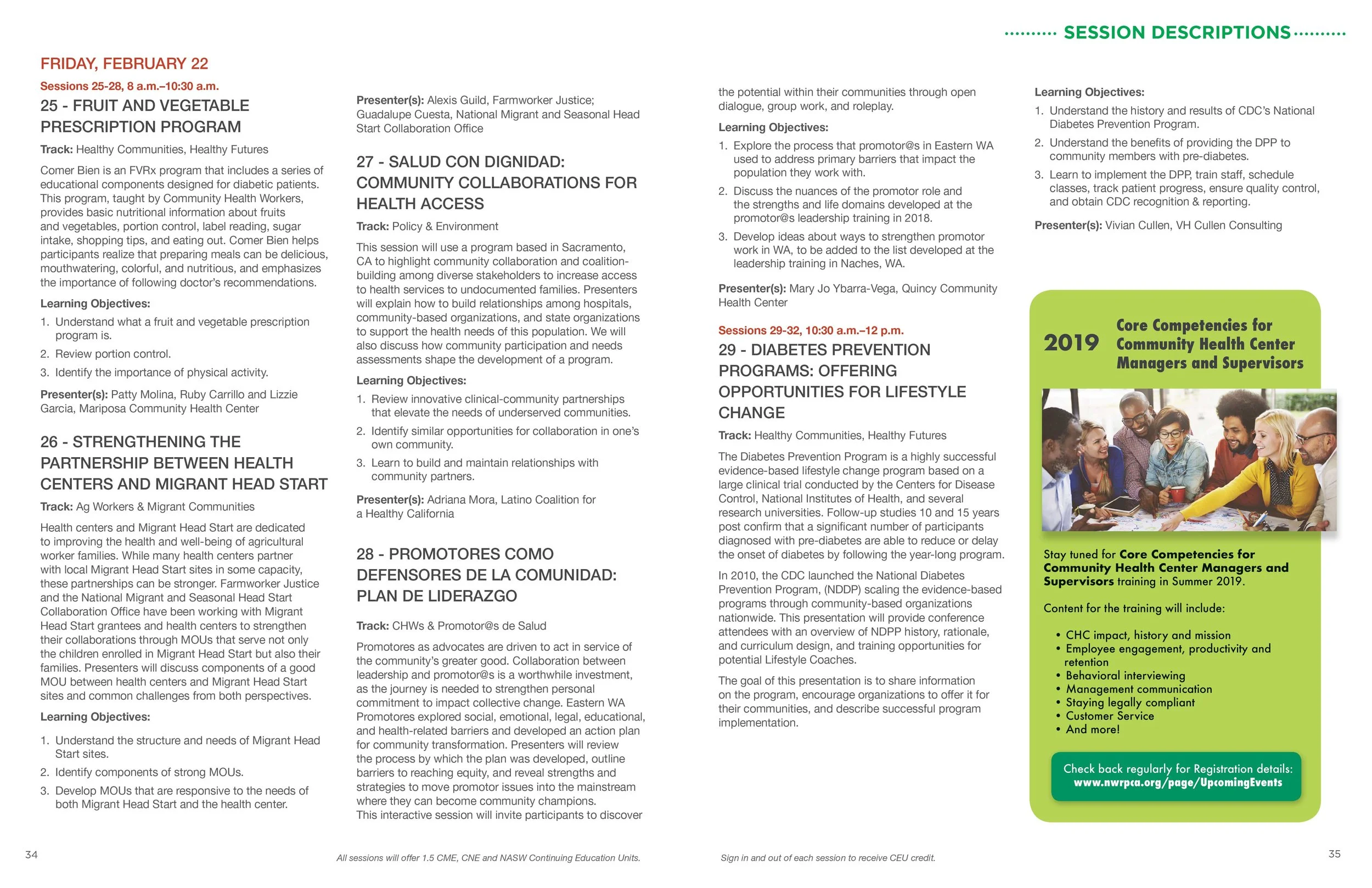 A two-page spread found in the conference program. Four columns of text explain conference session descriptions and a training advertisement features a group of people.
