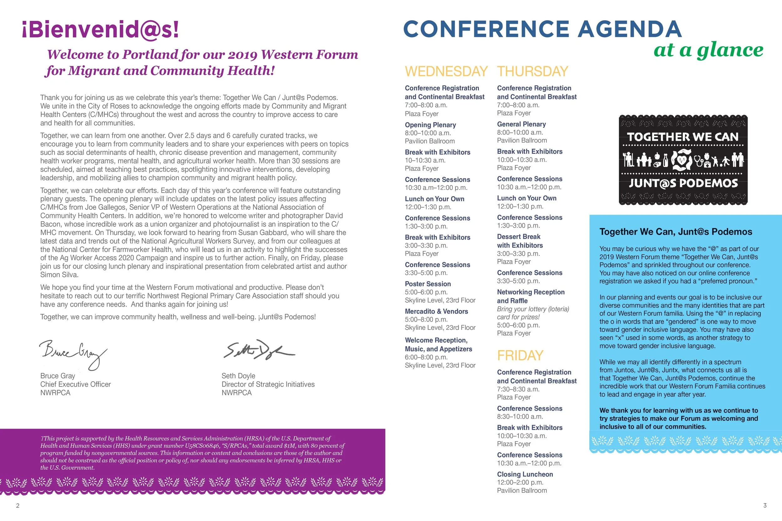 A two-page spread features a letter from the CEO and the Director of Strategic Initiatives and the conference agenda.