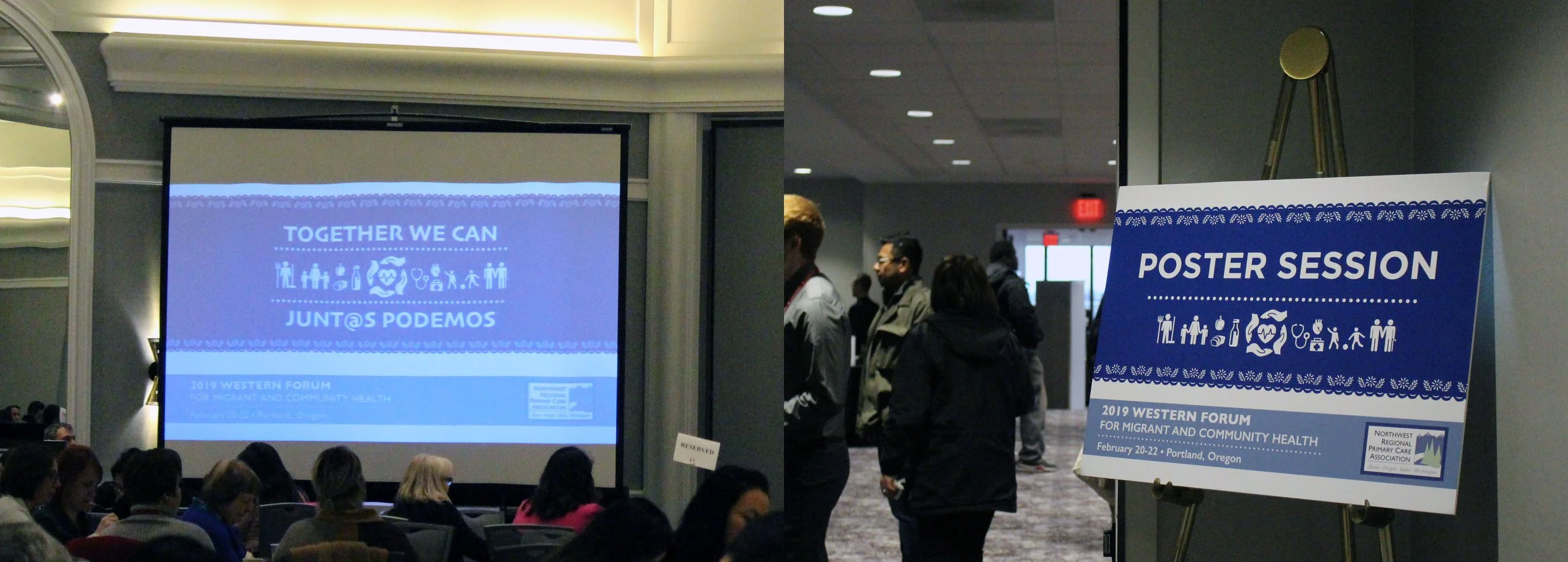 Two photos of the conferences, side-by-side. The conference's there, Together We Can / Junt@s Podemos, is projected onto a large screen. Conference signage for a Poster Session is displayed outside of a doorway.