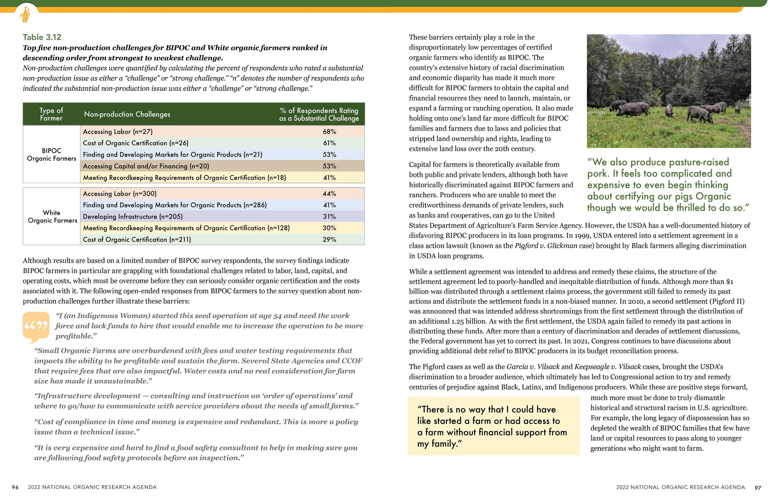 A two-page spread from the final report featuring a table, a photo of pigs, and block quotes from an interview.