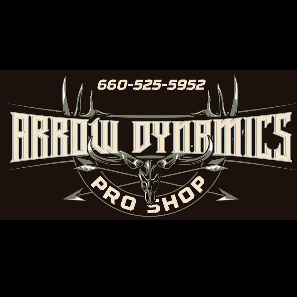Logo for Arrow Dynamics Pro Shop featuring a stylized deer skull with antlers and the phone number 660-525-5952.