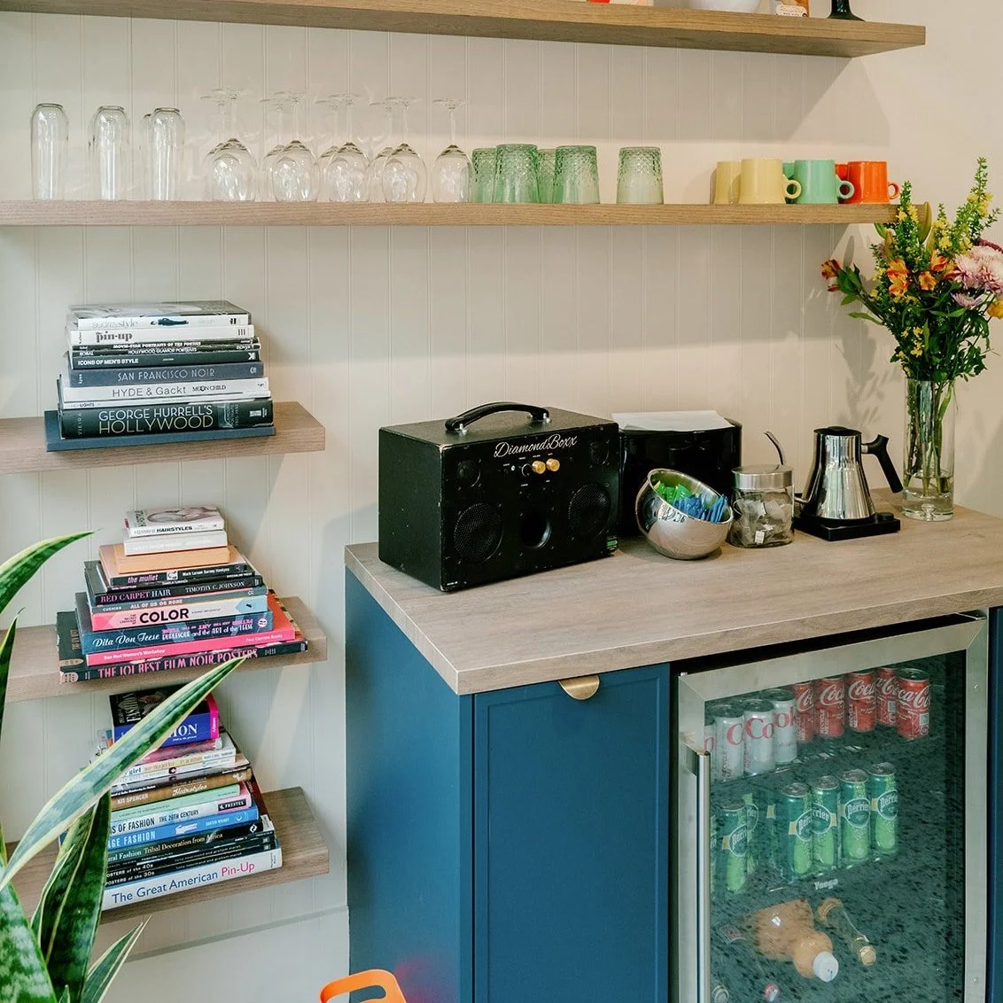 B Parlor Salon's beverage bar area for our clients to enjoy reading books, eating a snack and drinking.