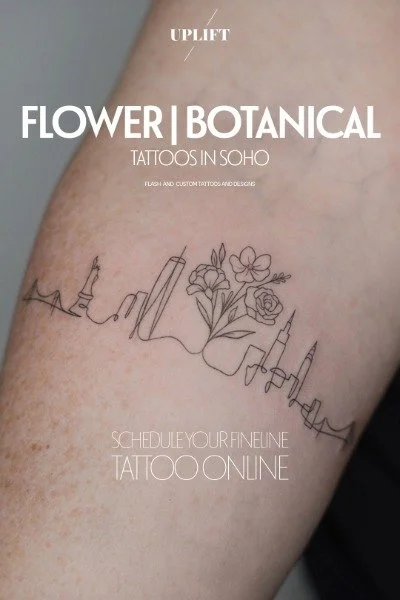 A tattoo of a continuous line drawing of flowers and books on a person's arm with text promoting floral and botanical tattoos in Soho, including scheduling online appointments.