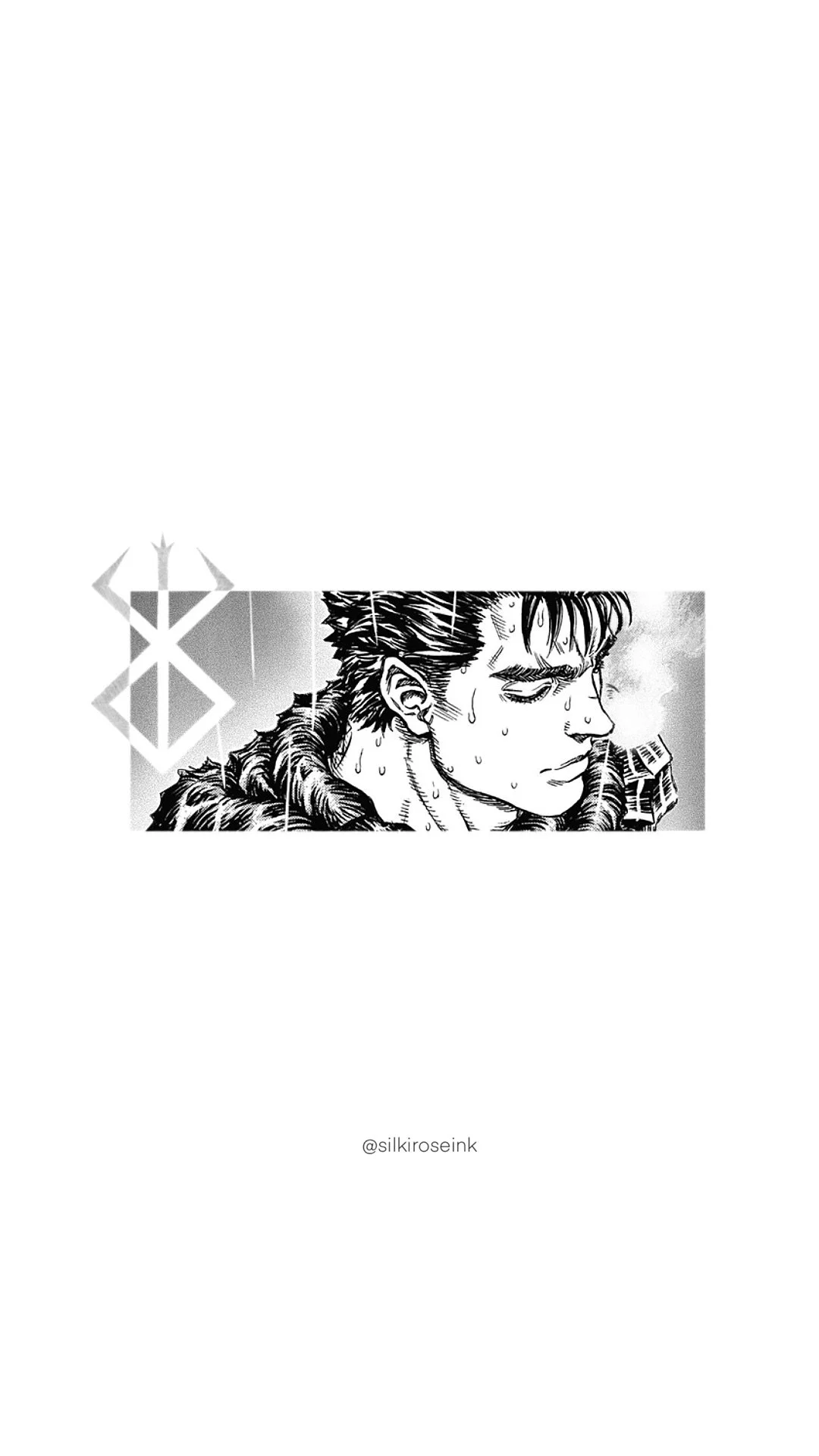 Black and white digital illustration of a young man with sweat on his face, wearing a fur-lined coat, with a stylized symbol to the left and the artist's handle @silkiroseink at the bottom.