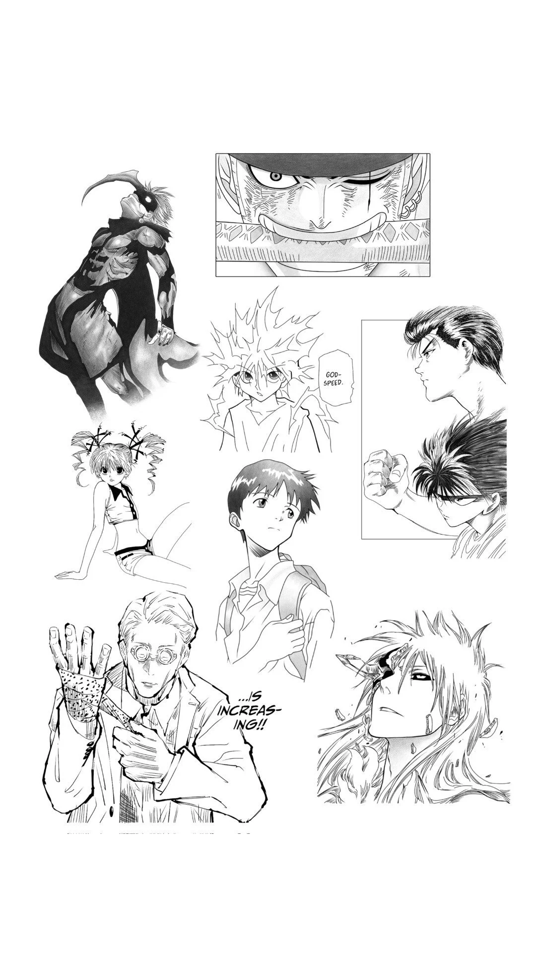 Black and white collage of various manga/anime characters, including a character with a large spider-like creature, a girl with pigtails, a boy with a backpack, and other expressive characters with intense or contemplative expressions.