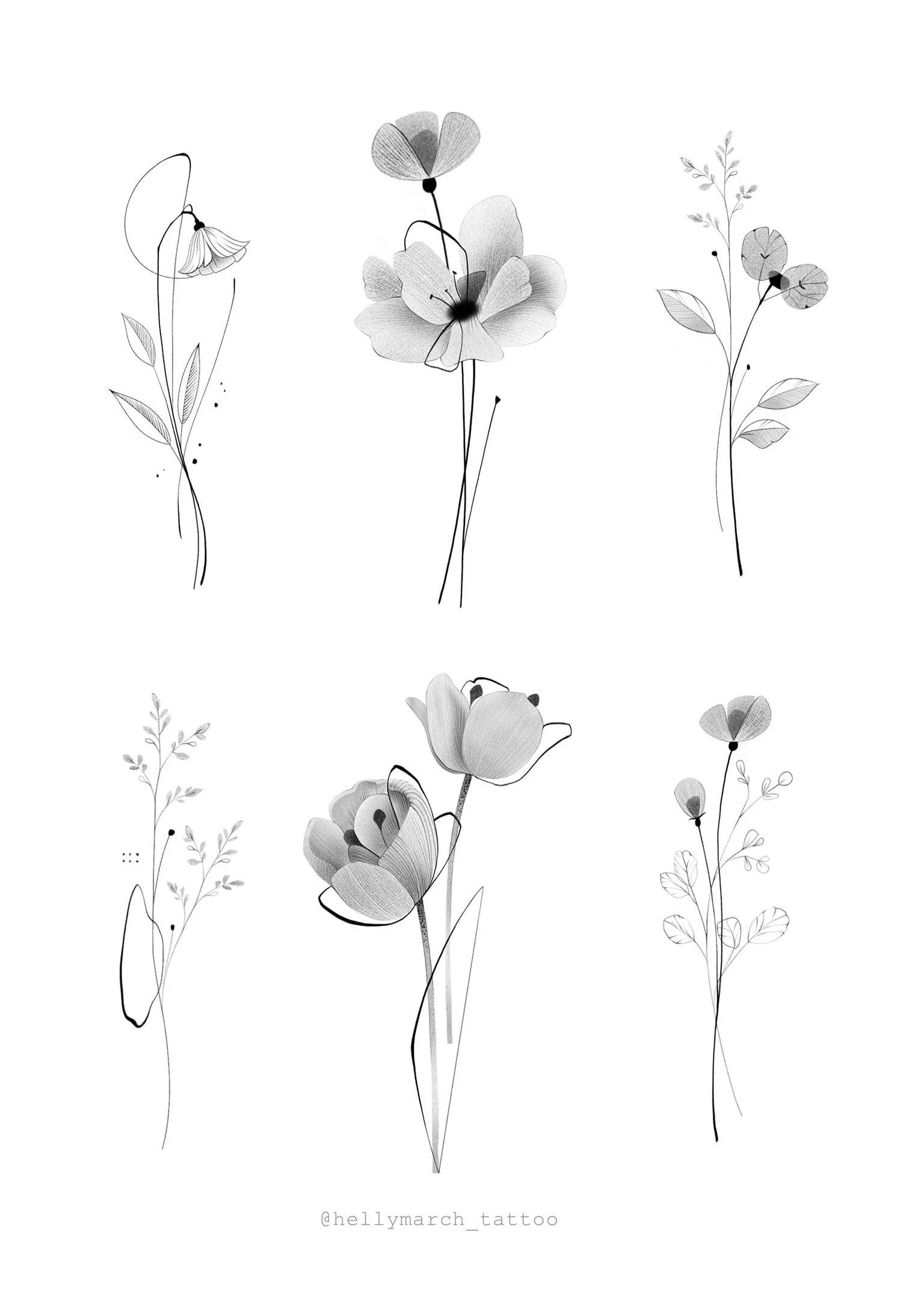 Black and white tattoo-style line drawings of five different flowers and plants, with some having detailed shading. The artist's handle, @hellymarch_tattoo, is at the bottom.