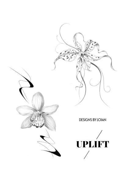Black and white illustration of two floral designs with the text 'Designs by Loian' and 'Uplift'.