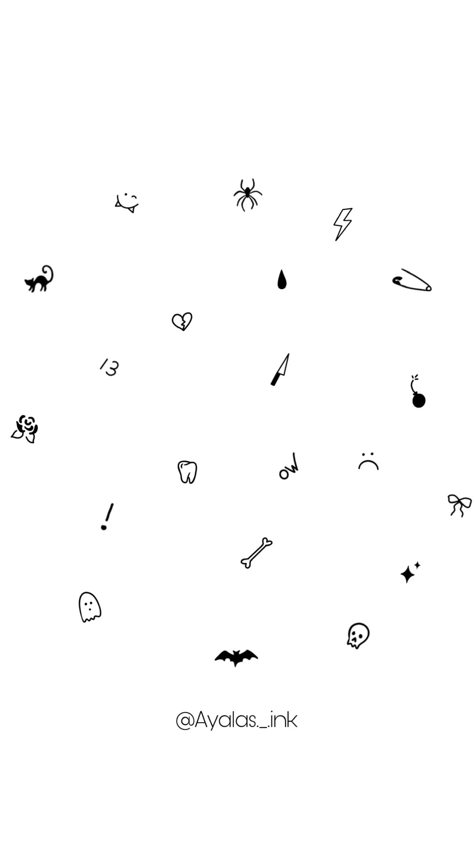 Black and white clock face with various Halloween-themed icons as hour markers, including a ghost, bat, skull, bone, spider, cat, and other symbols. The clock's hands are not visible. The bottom of the image has the text '@Ayalas._.ink'.