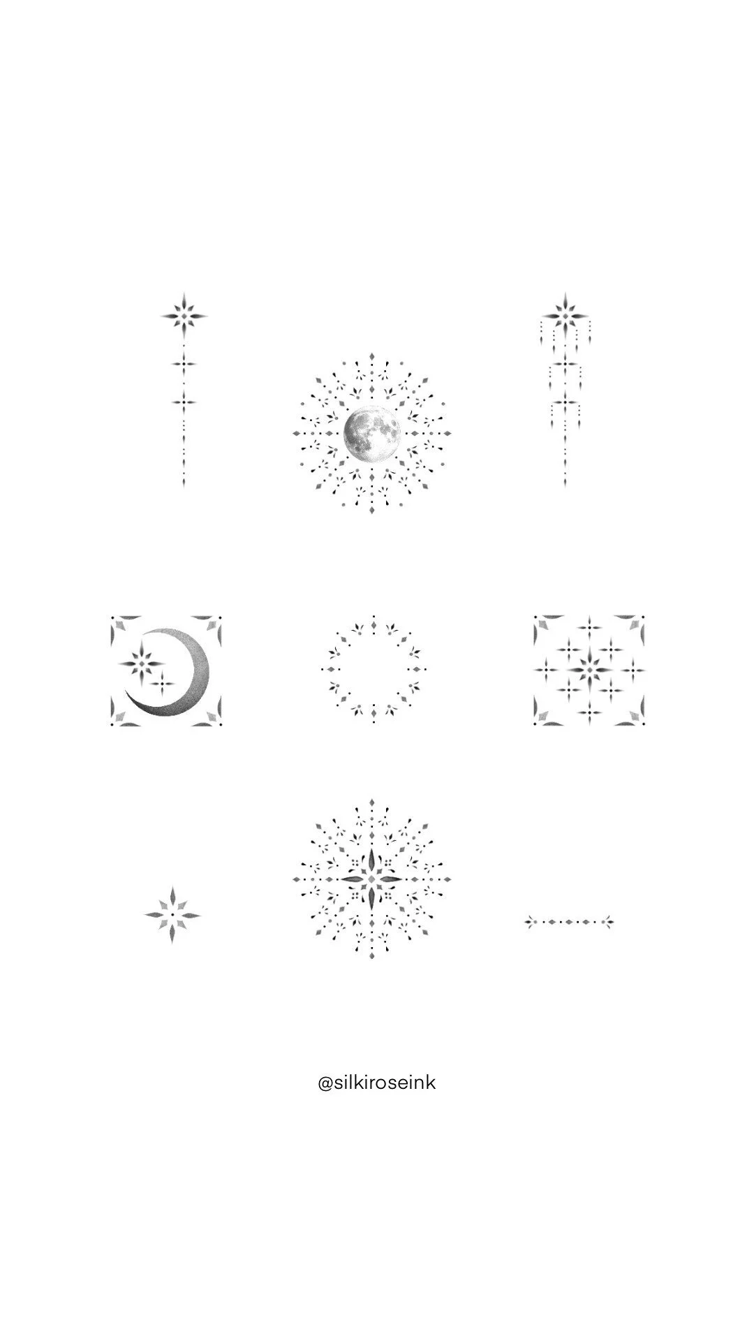 Collection of black and white celestial-themed temporary tattoos featuring moon, stars, and geometric patterns, arranged in a grid on a white background.