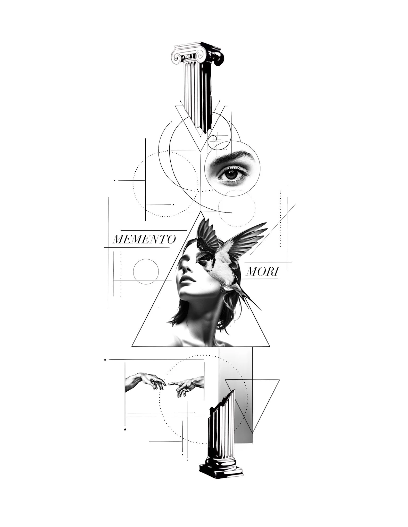 A black-and-white digital collage featuring a classical column, a woman's face with a bird covering her mouth, an eye, and artistic geometric elements with Latin words 'MEMENTO' and 'MORI'.
