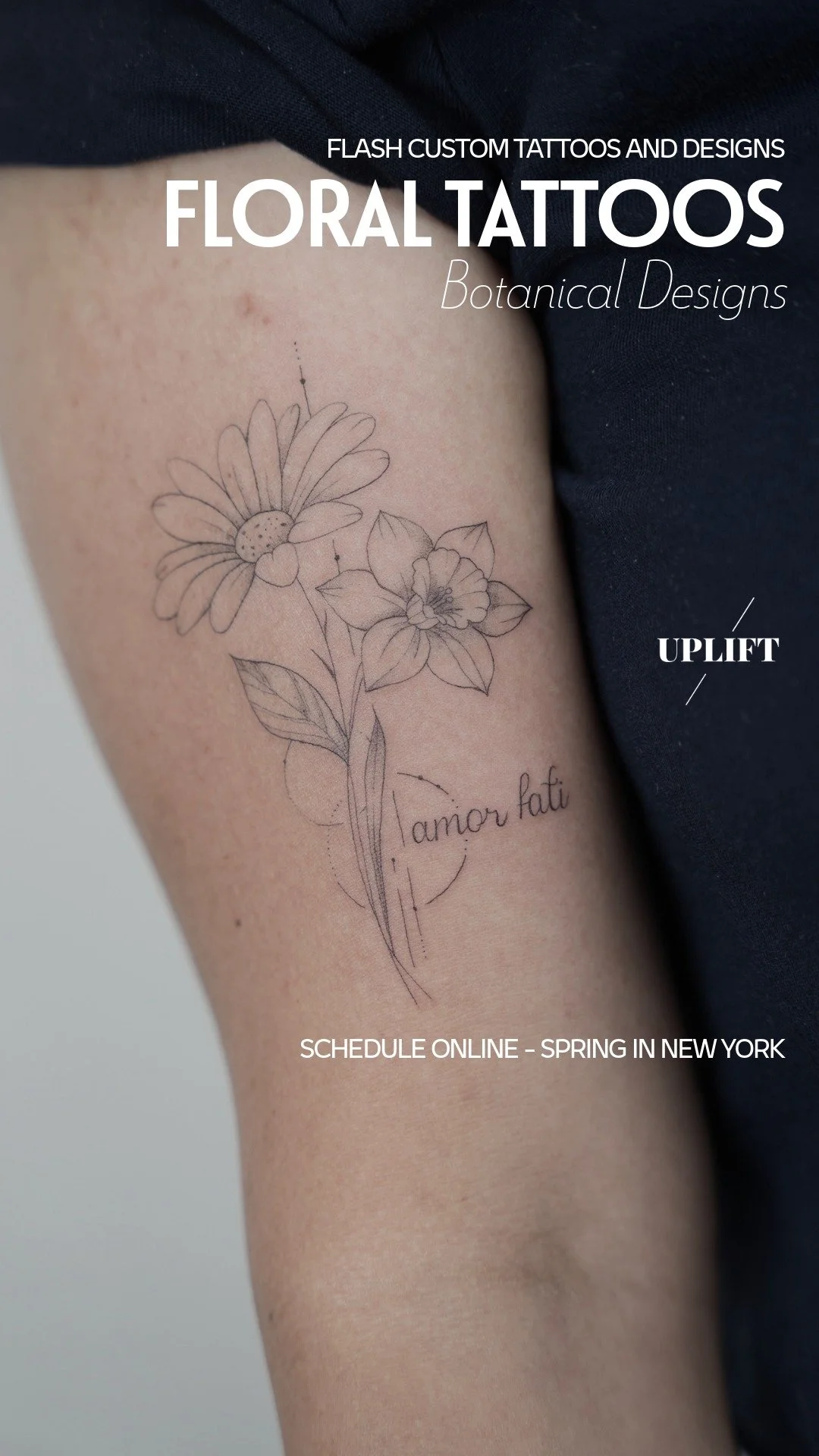 An advertisement for floral tattoos showing a sketched floral tattoo on a person's arm, with text promoting custom tattoo designs and an online schedule for spring in New York.