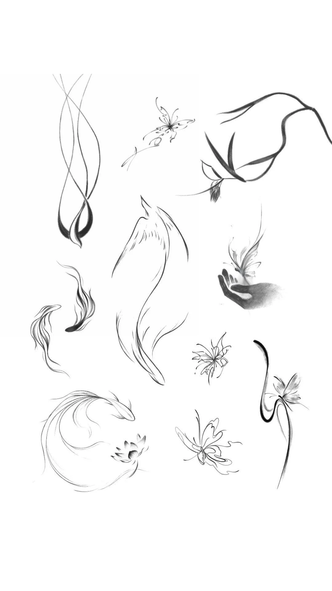 Black and white line drawings of butterflies and flowers with graceful curves and delicate details.