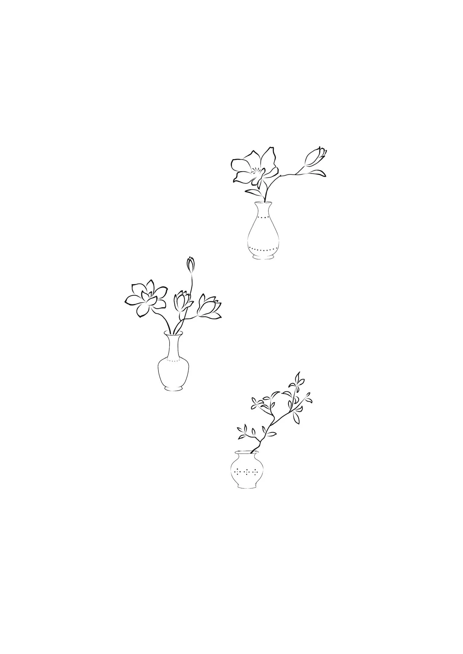 Line art illustration of three vases with flowers and plants against a white background.